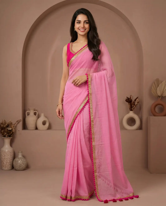 PINK LACE MUL COTTON SAREE