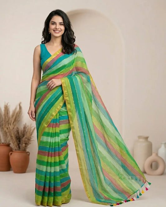 RAINBOW STRIPE GREEN MUL COTTON SAREE