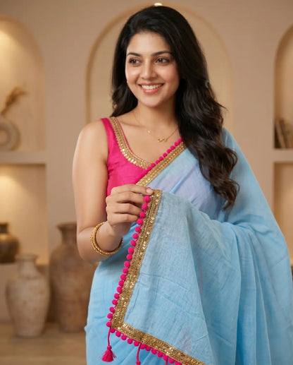 SKY BLUE LACE MUL COTTON SAREE