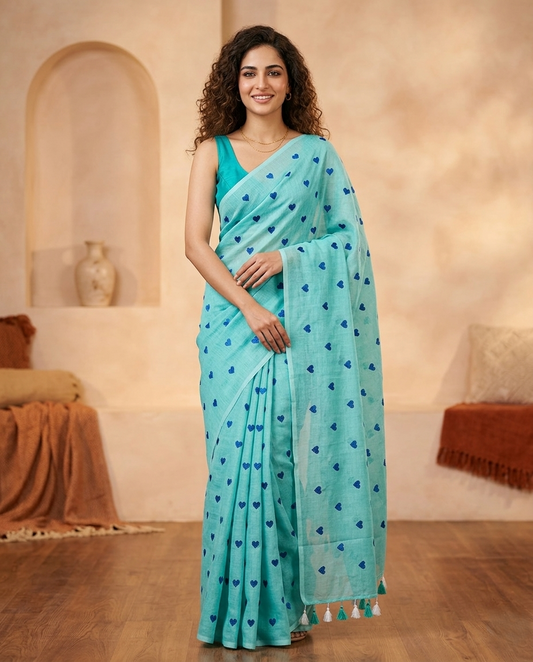 TORQUOISE BLUE HEART MUL COTTON SAREE