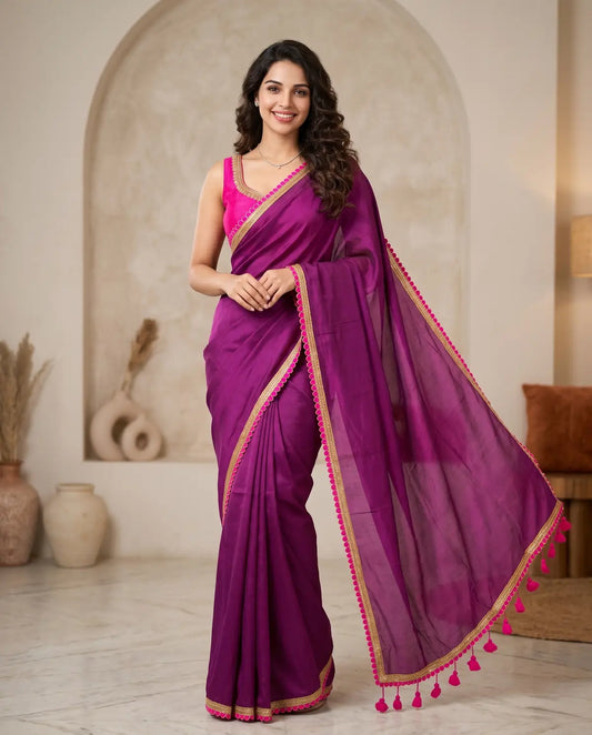 PURPLE  LACE MUL COTTON SAREE