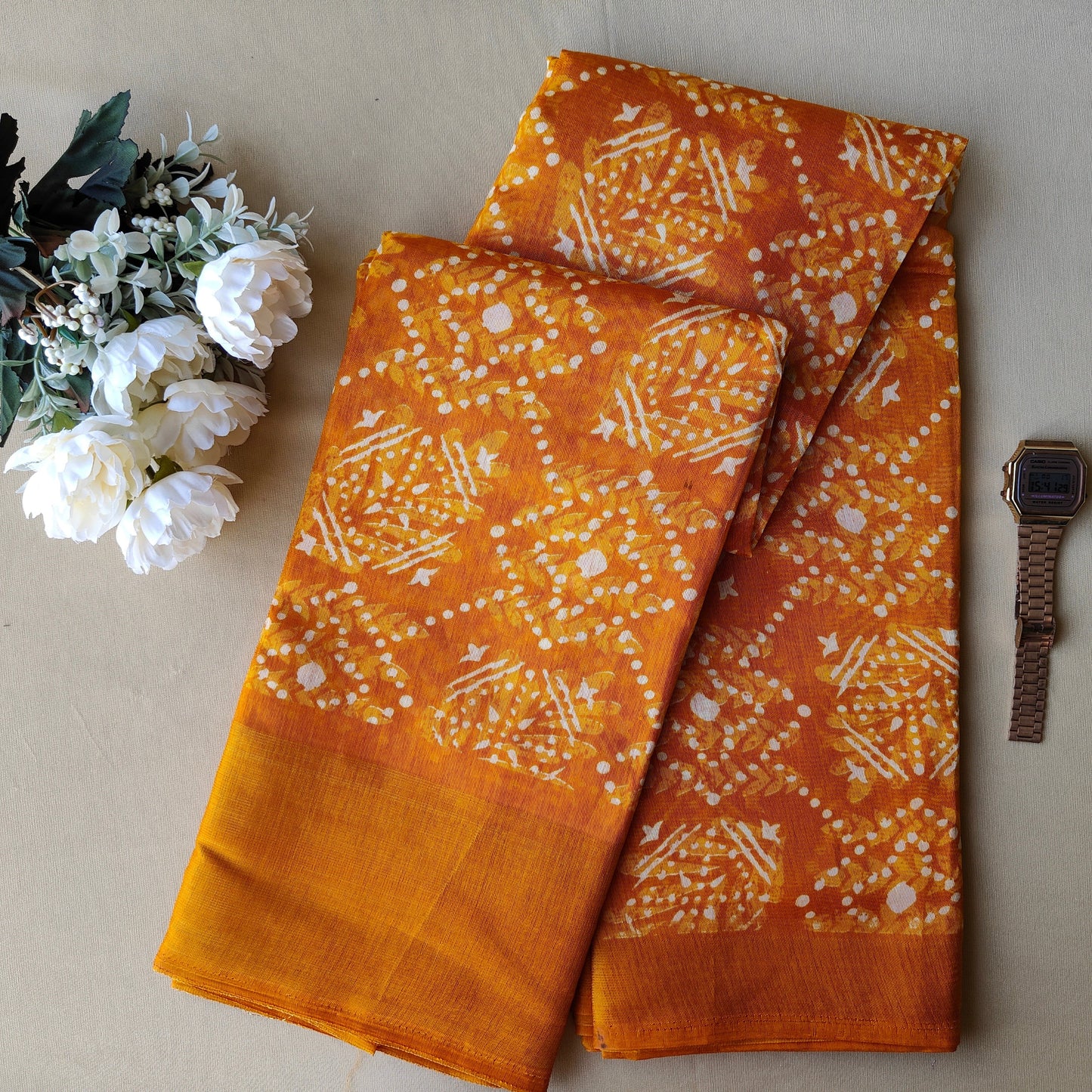 YELLOW PRINTED COTTON SAREE