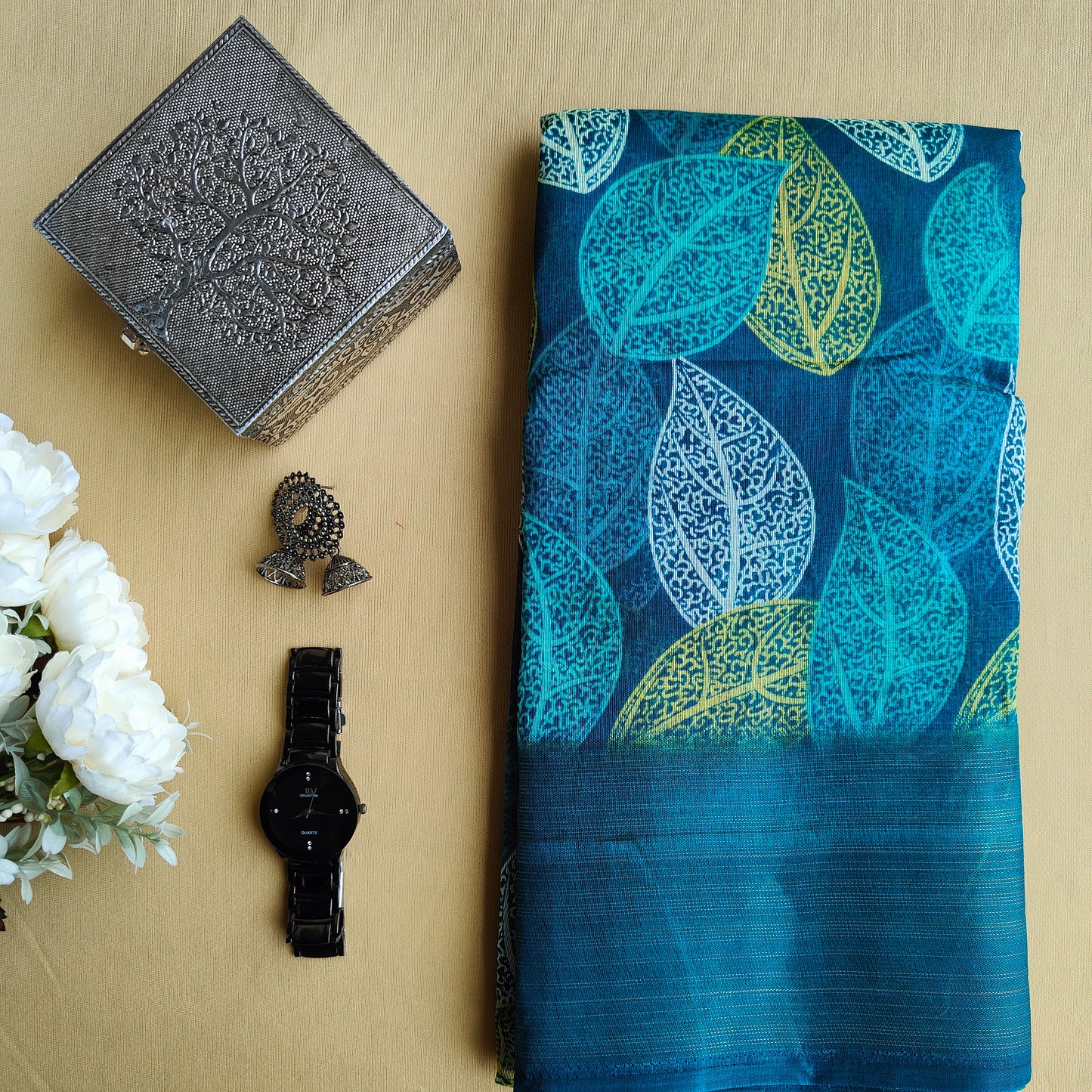 TEAL GREEN PRINTED COTTON SAREE