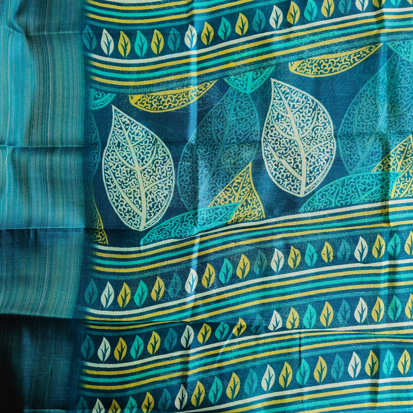 TEAL GREEN PRINTED COTTON SAREE