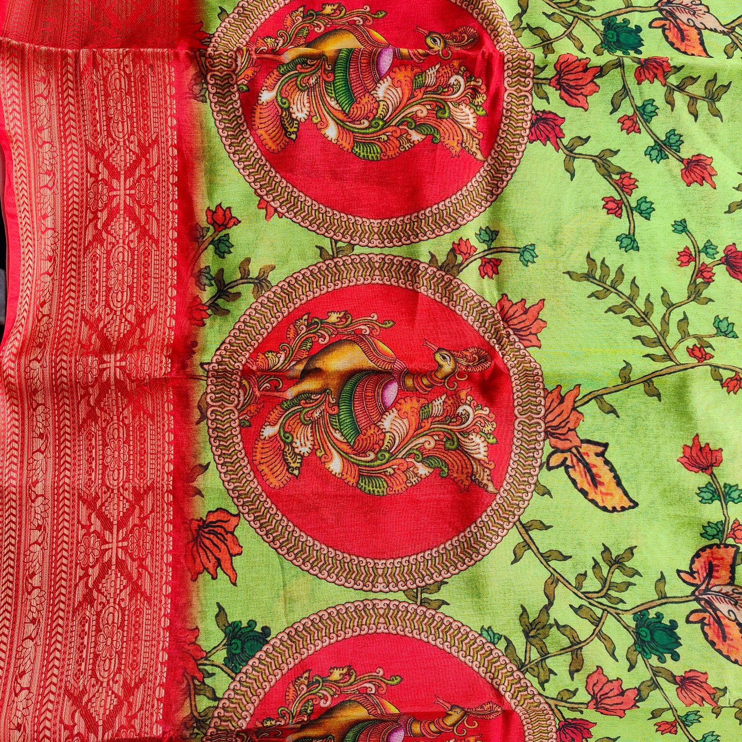 GREEN AND ORANGE KALAMKARI SAREE