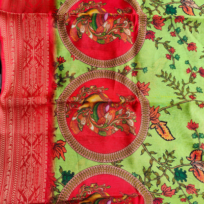 GREEN AND ORANGE KALAMKARI SAREE