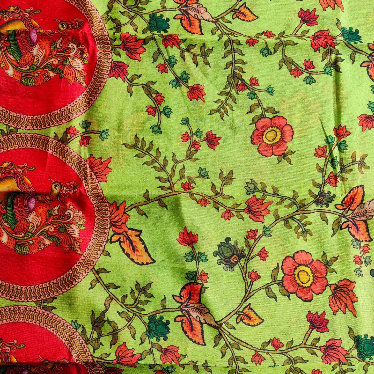 GREEN AND ORANGE KALAMKARI SAREE