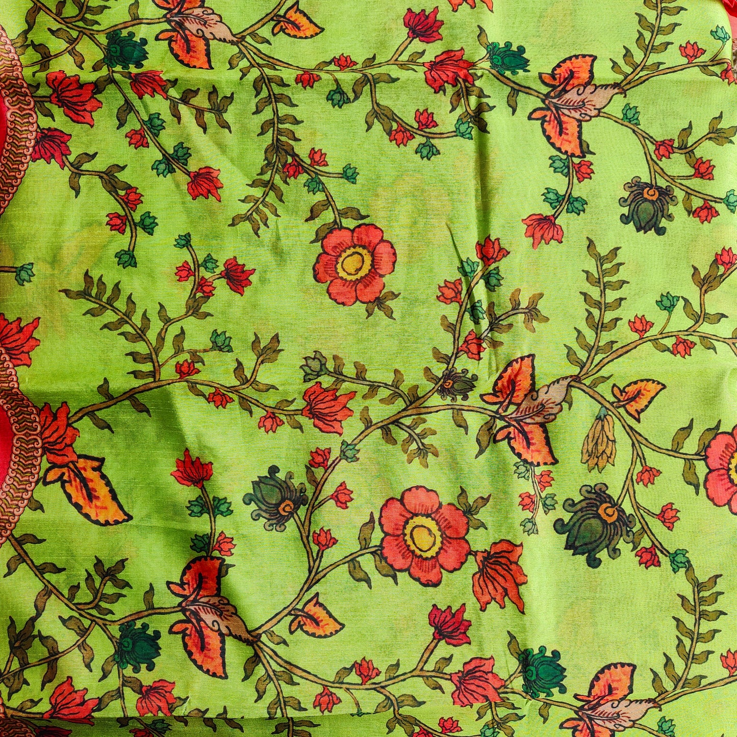 GREEN AND ORANGE KALAMKARI SAREE