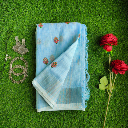 SKY BLUE COTTON LINEN SAREE