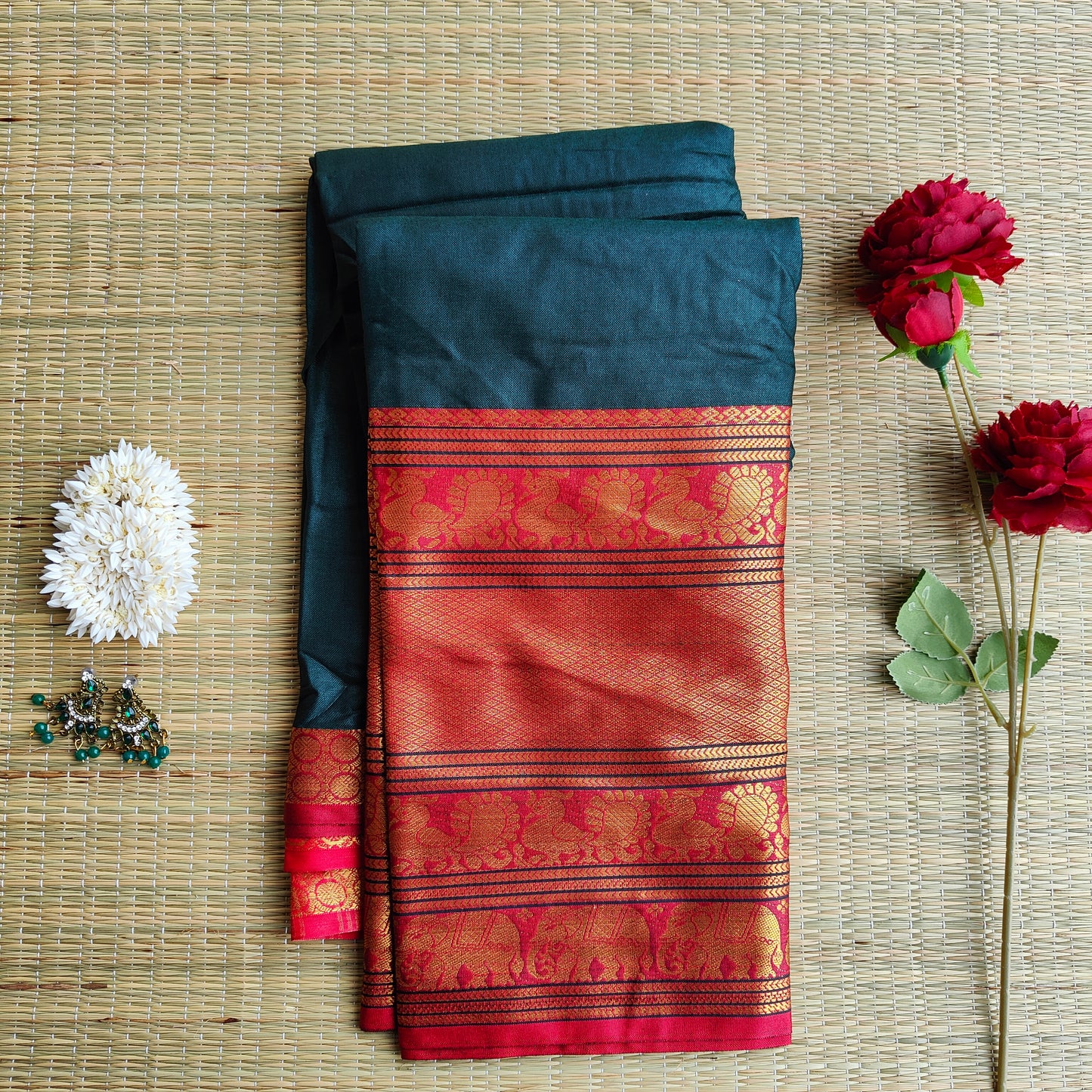 DARK GREEN RED BORDER SAREE