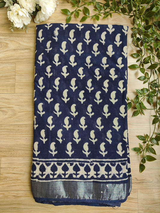 NAVY BLUE LINEN SAREE WITH SILVER BORDER