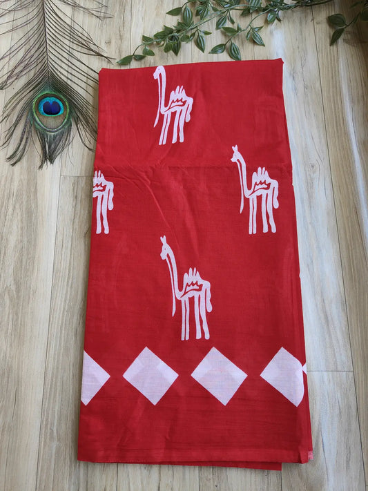 CAMEL RED MULMUL COTTON SAREE