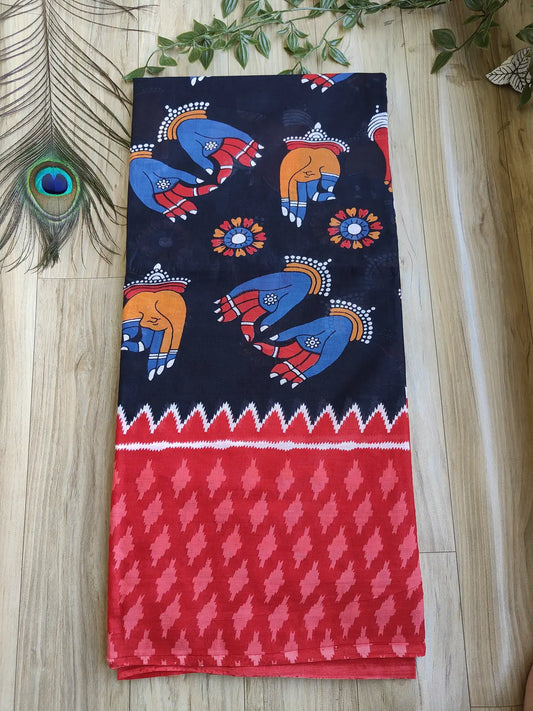 HAND PRINT BLACK MULMUL COTTON SAREE