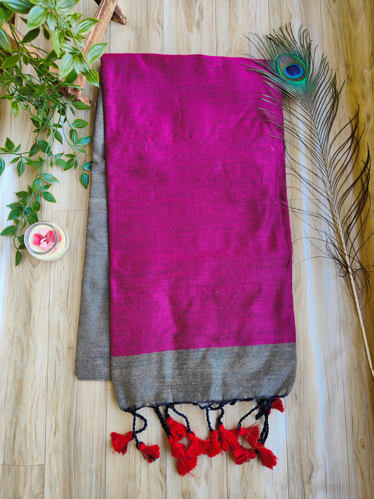 MAGENTA AND GREY KHADI COTTON SAREE