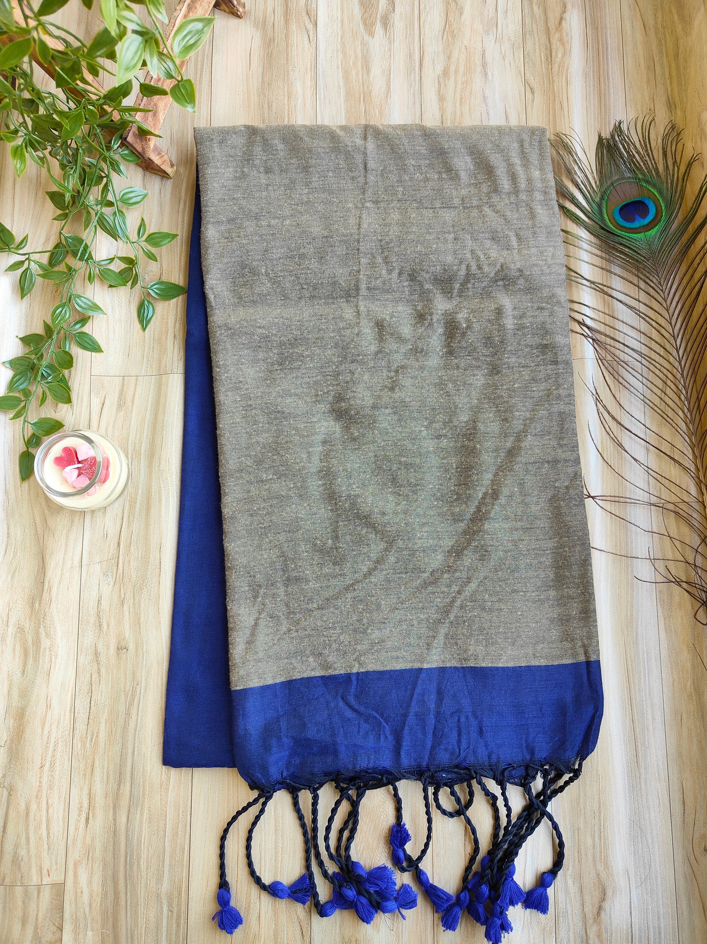 GREY AND BLUE KHADI COTTON SAREE