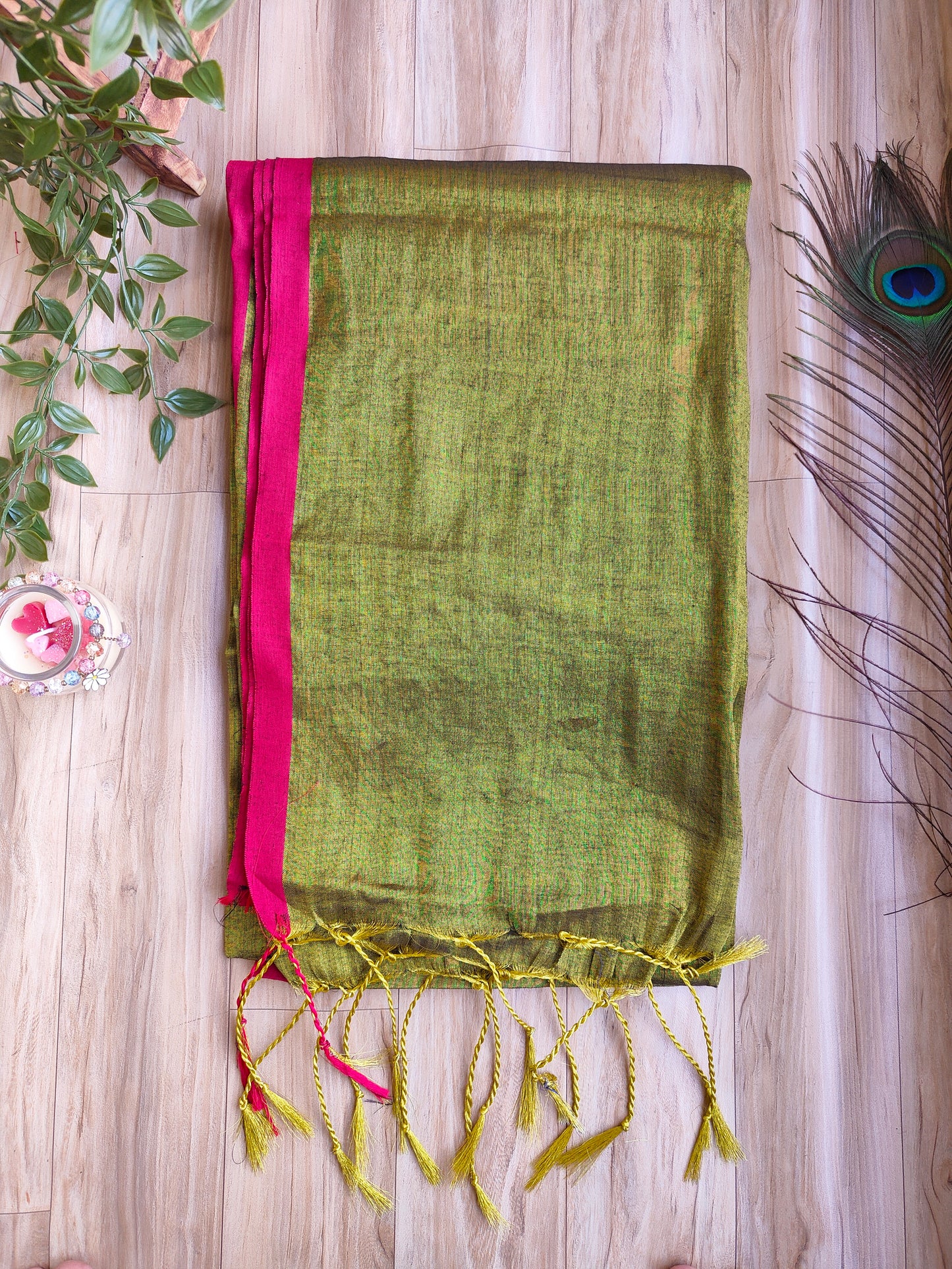 GOLDEN GREEN COTTON TISSUE SAREE