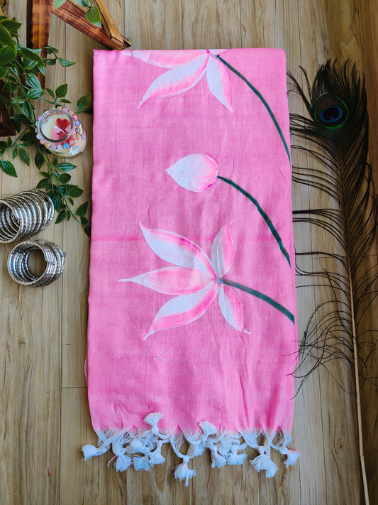 PINK LOTUS HAND PAINTED KHADI COTTON SAREE