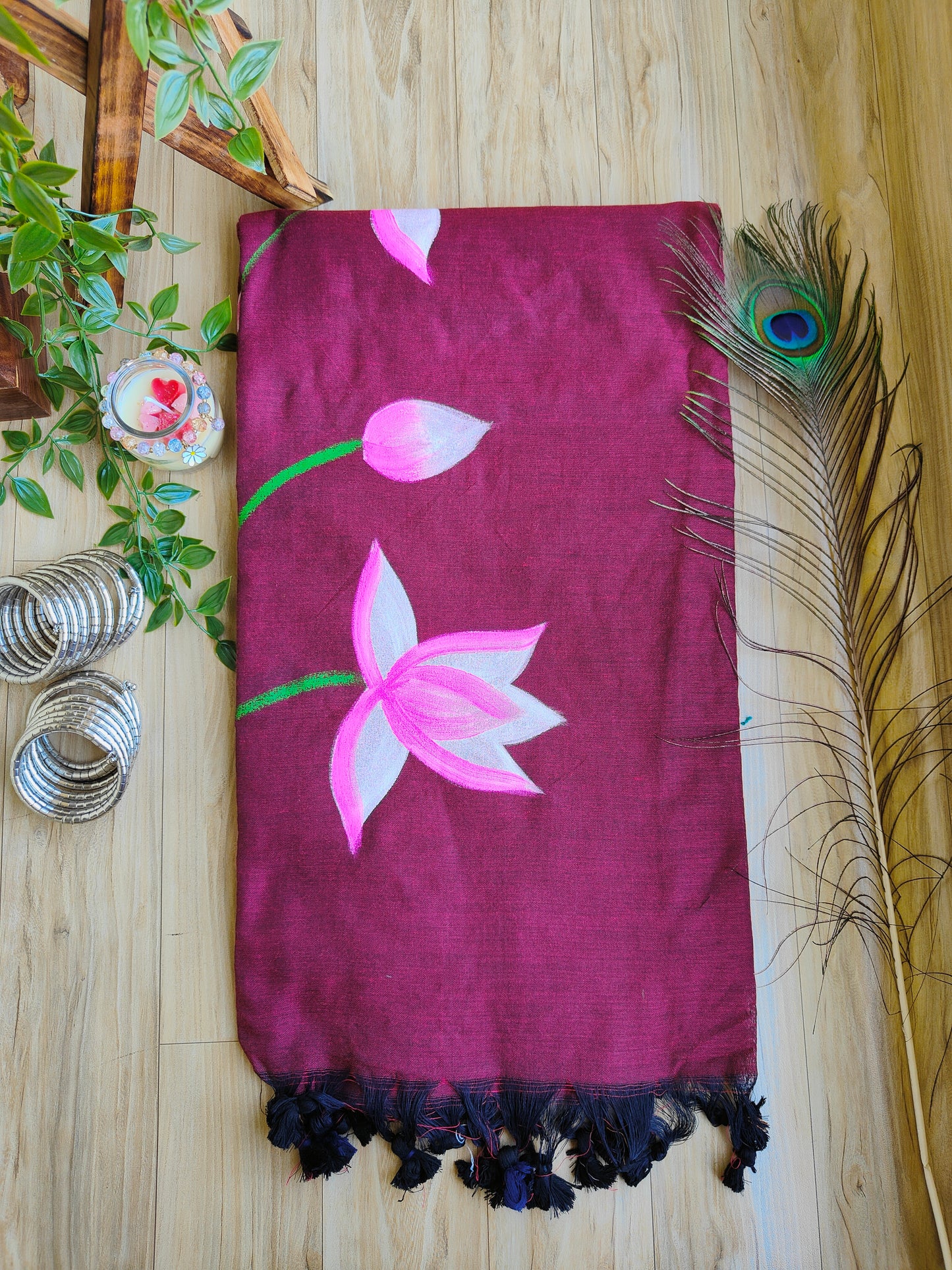 MAROON LOTUS HAND PAINTED KHADI COTTON SAREE