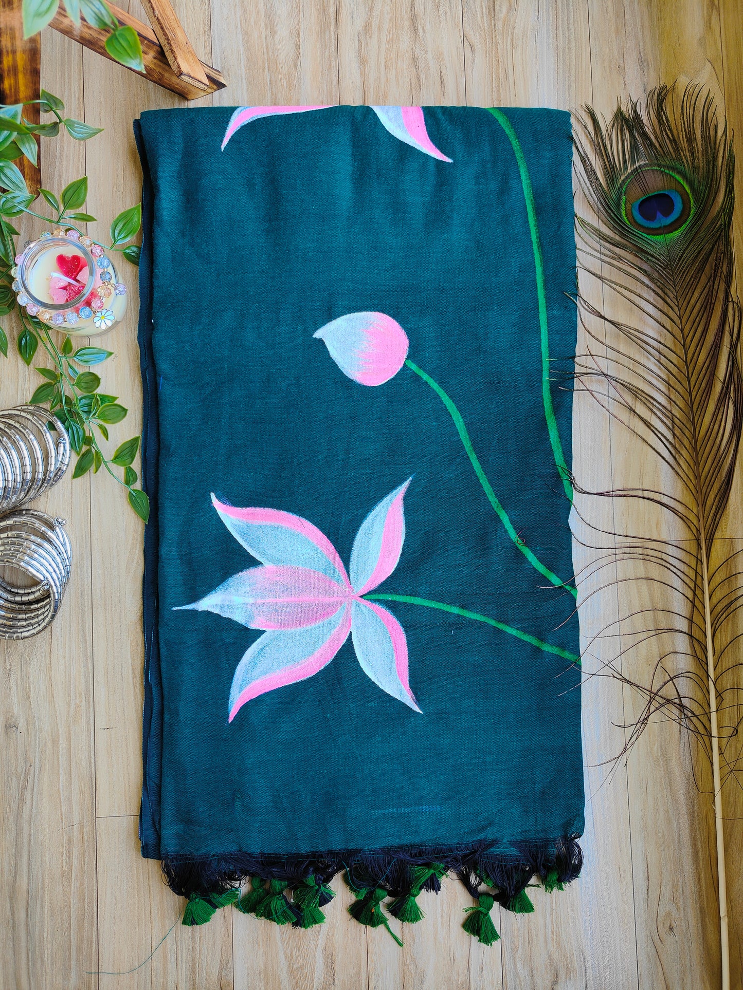 TEAL LOTUS HAND PAINTED KHADI COTTON SAREE