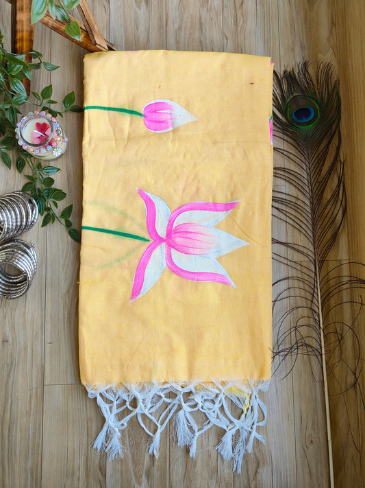 PASTEL YELLOW LOTUS HAND PAINTED KHADI COTTON SAREE