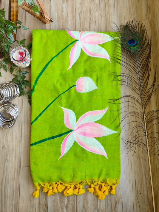 GREEN LOTUS HAND PAINTED KHADI COTTON SAREE