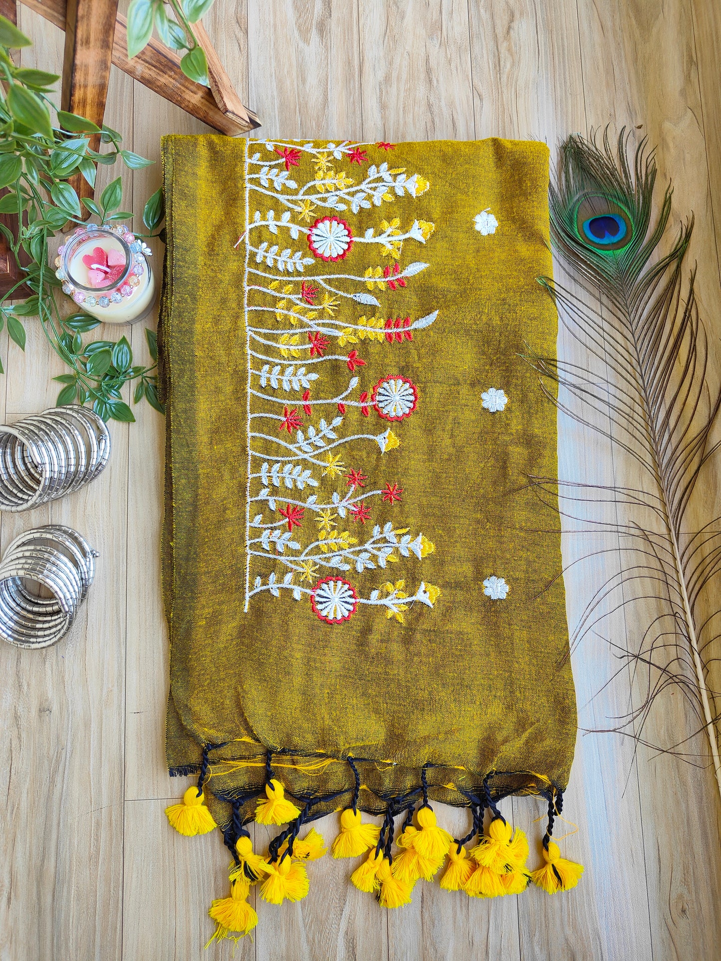 GOLDEN YELLOW EMBROIDERED KHADI COTTON SAREE