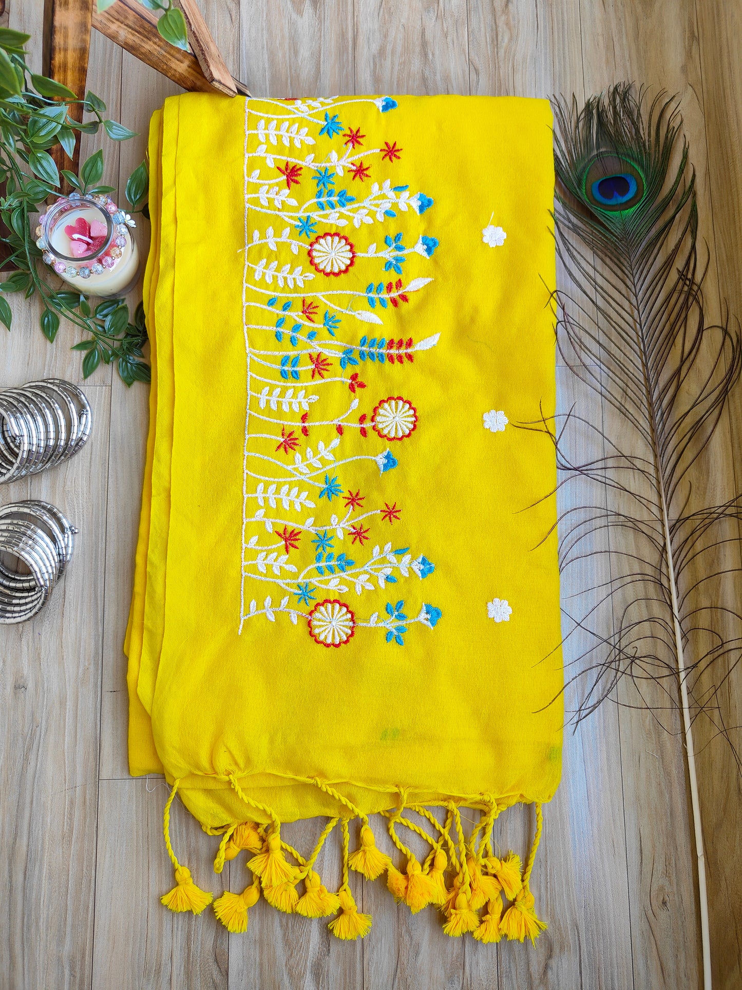 YELLOW EMBROIDERED KHADI COTTON SAREE