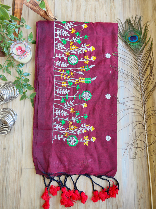 MAROON EMBROIDERED KHADI COTTON SAREE