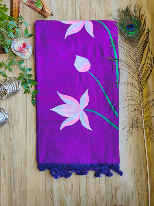 PURPLE LOTUS HAND PAINTED KHADI COTTON SAREE