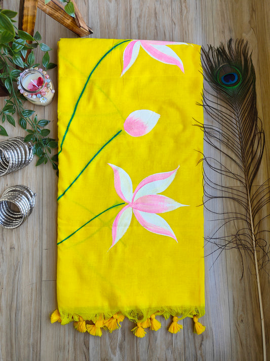 YELLOW LOTUS HAND PAINTED KHADI COTTON SAREE