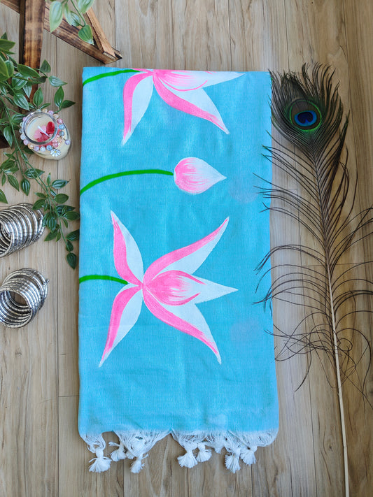 SKY BLUE LOTUS HAND PAINTED KHADI COTTON SAREE