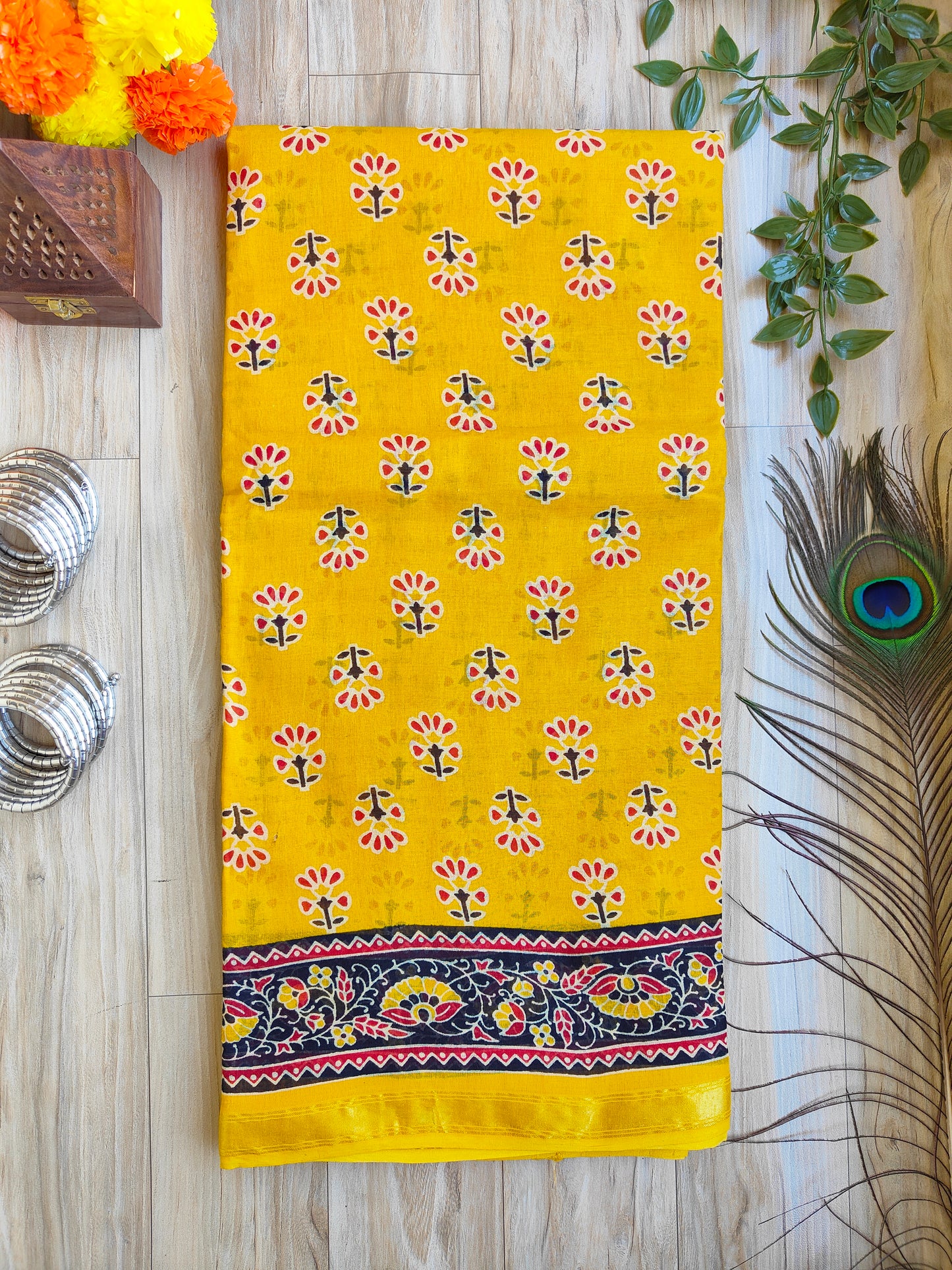 YELLOW AJRAKH CHANDERI COTTON SAREE