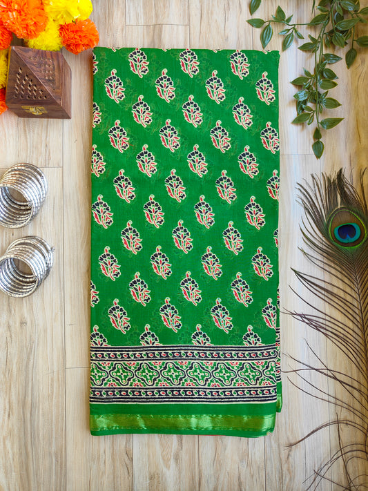 GREEN AJRAKH CHANDERI COTTON SAREE