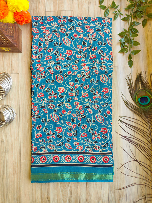 EASTER BLUE AJRAKH CHANDERI COTTON SAREE