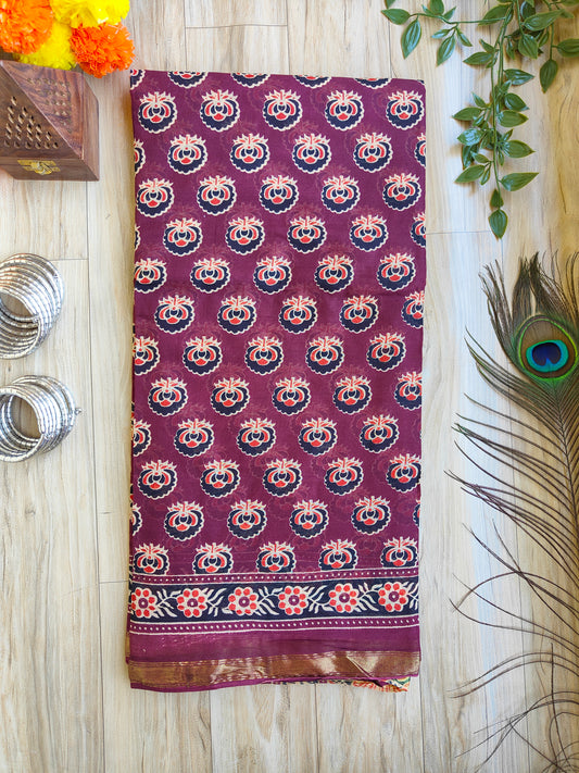 MAROON AJRAKH CHANDERI COTTON SAREE