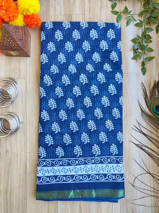 BLUE AJRAKH CHANDERI COTTON SAREE