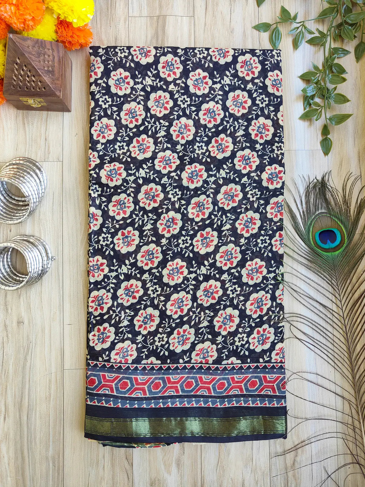 BLACK AJRAKH CHANDERI COTTON SAREE