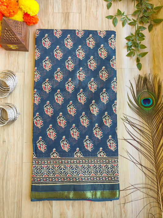 DARK GREY BLUE AJRAKH CHANDERI COTTON SAREE