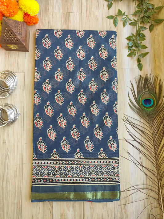 DARK GREY BLUE AJRAKH CHANDERI COTTON SAREE