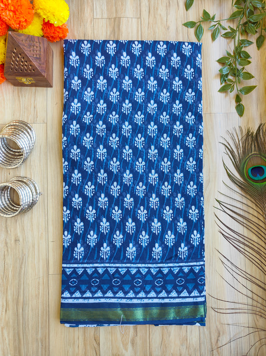 BLUE AJRAKH CHANDERI COTTON SAREE