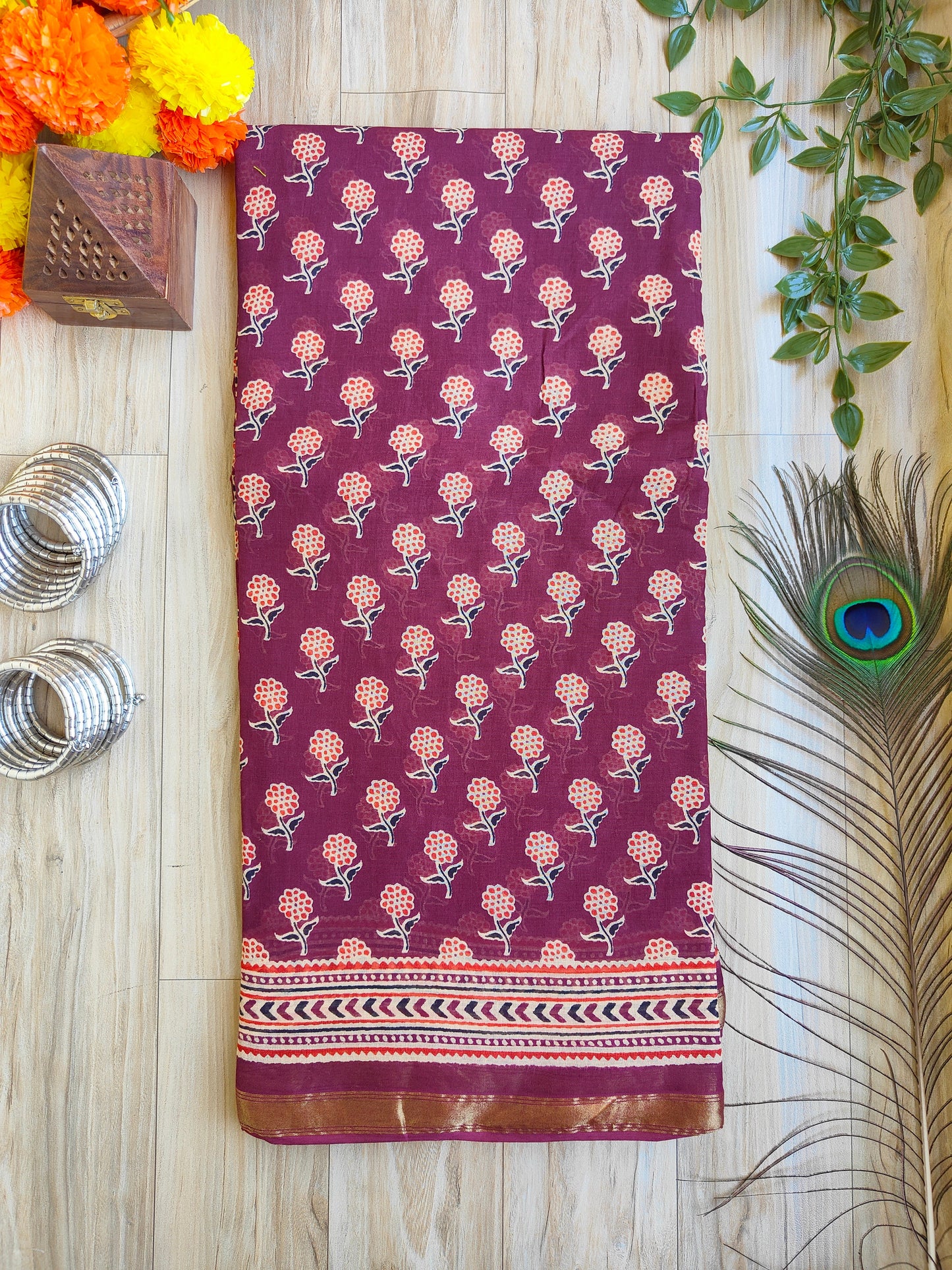 MAROON AJRAKH CHANDERI COTTON SAREE