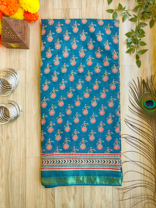 DARK EASTER BLUE AJRAKH CHANDERI COTTON SAREE