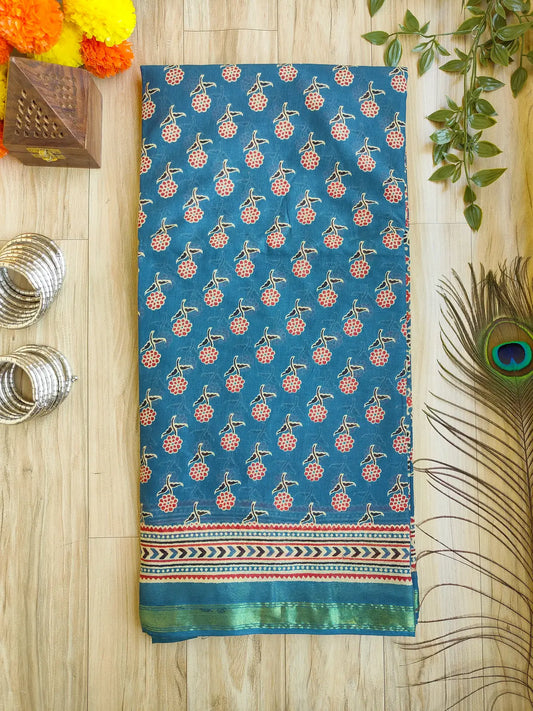 DARK EASTER BLUE AJRAKH CHANDERI COTTON SAREE