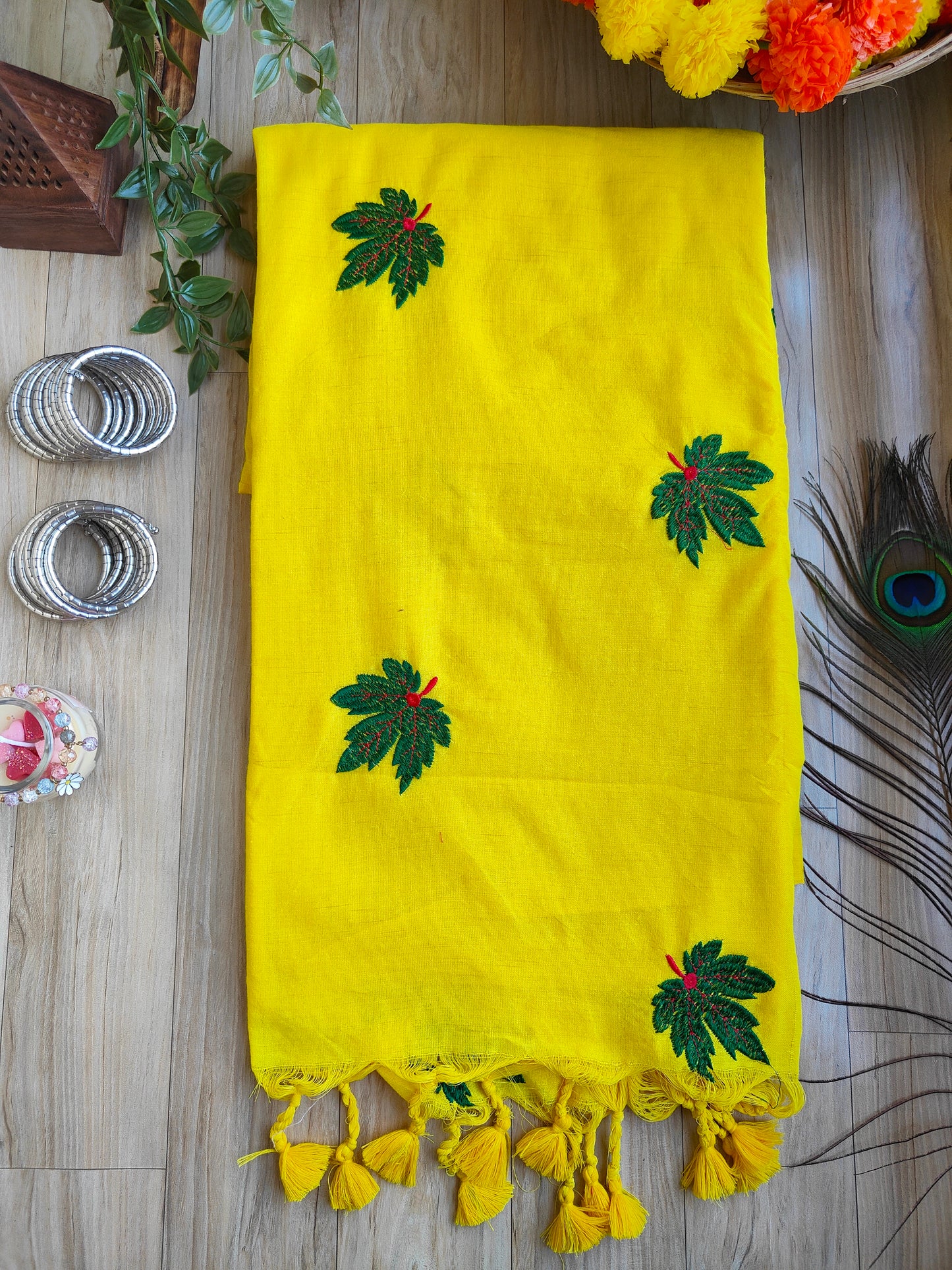 YELLOW LEAFS EMBROIDERED KHADI COTTON SAREE