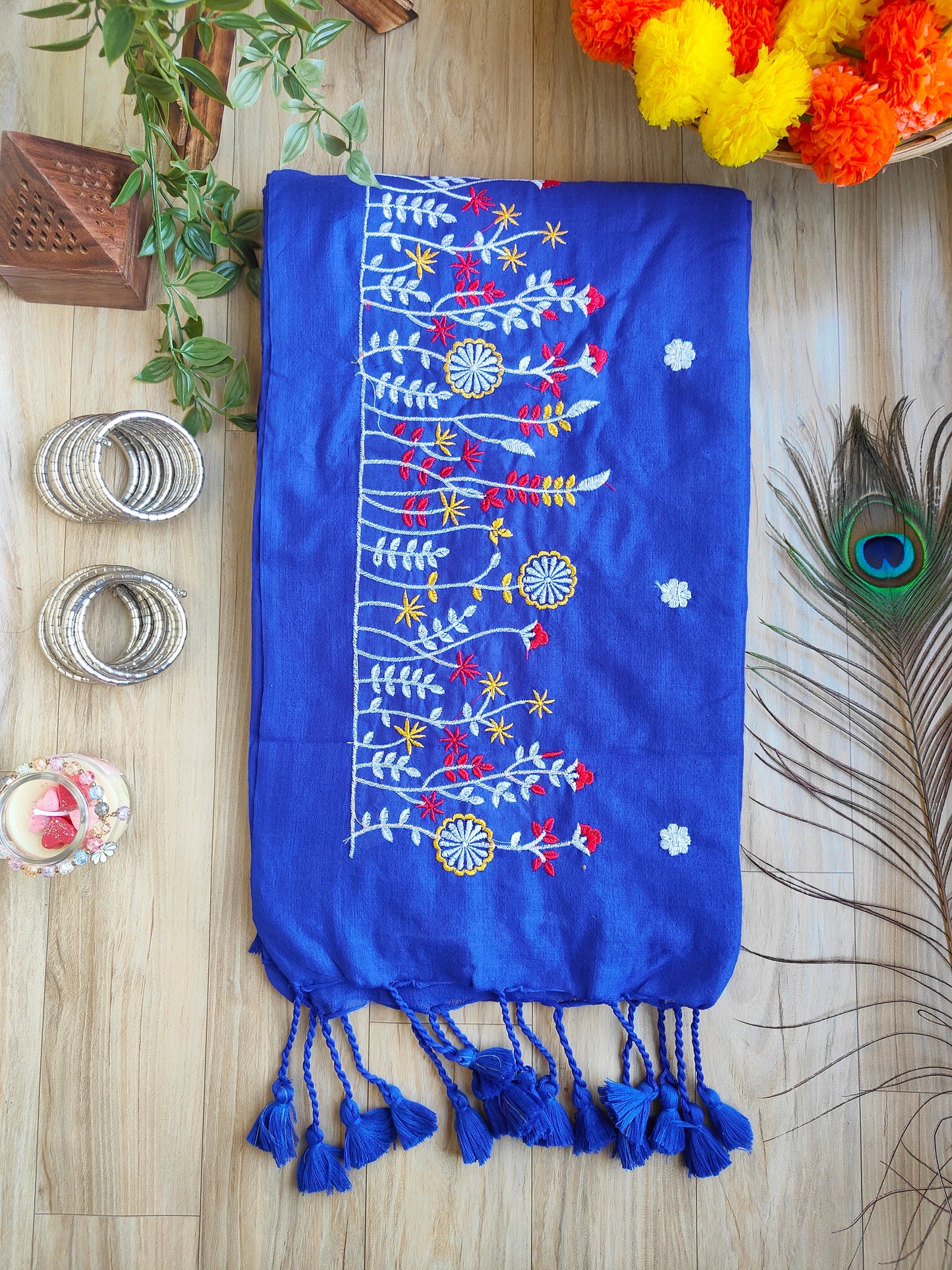 BLUE EMBROIDERED KHADI COTTON SAREE