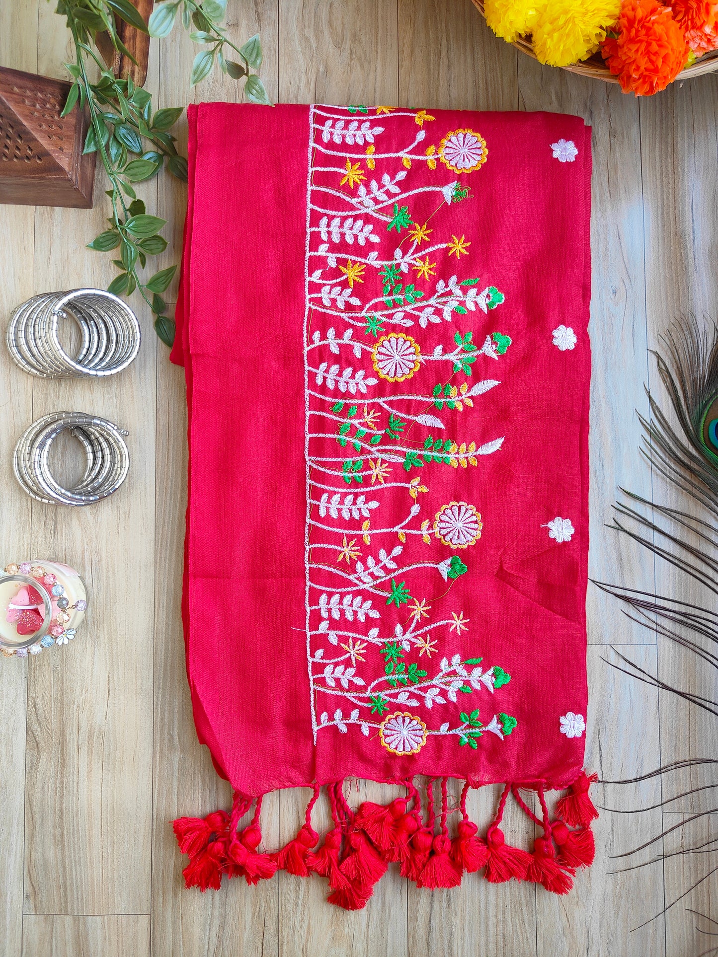 RED EMBROIDERED KHADI COTTON SAREE