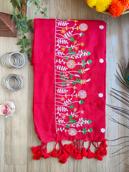 RED EMBROIDERED KHADI COTTON SAREE