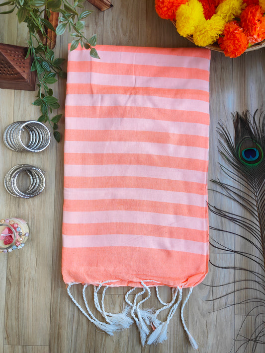 PEACH AND WHITE STRIPED KHADI COTTON SAREE