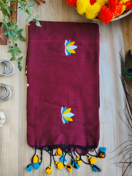 MAROON LOTUS EMBROIDERED KHADI COTTON SAREE