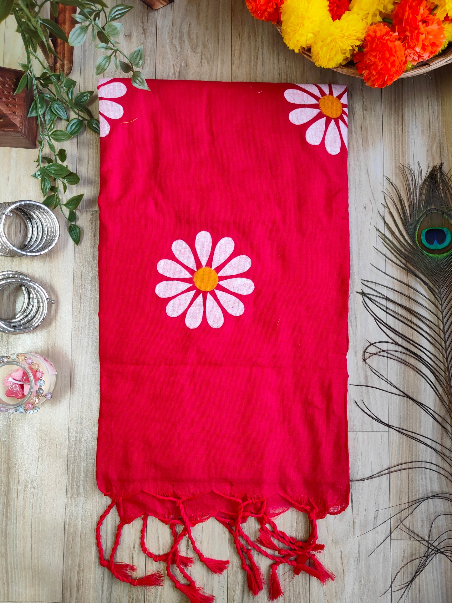 RED SUNFLOWER HAND PAINTED KHADI COTTON SAREE